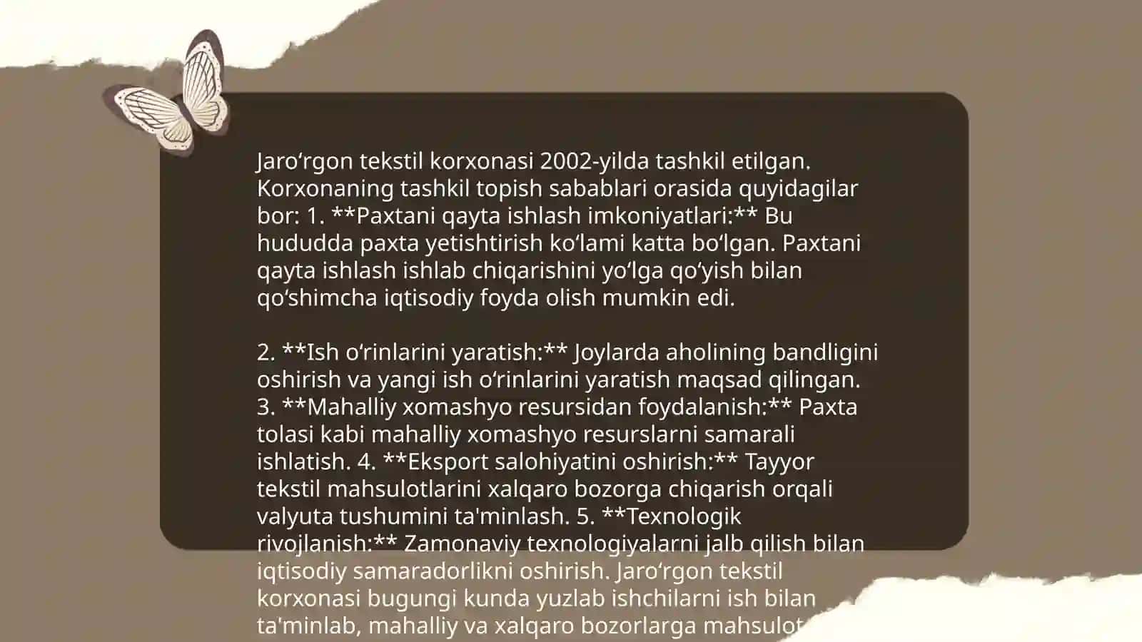 Jaroʻrgon tekstel korxonasi kiyim-kechak ishlab ciqarish va chet elga olib chiqishdagi asosiy sabab va muammolar 4