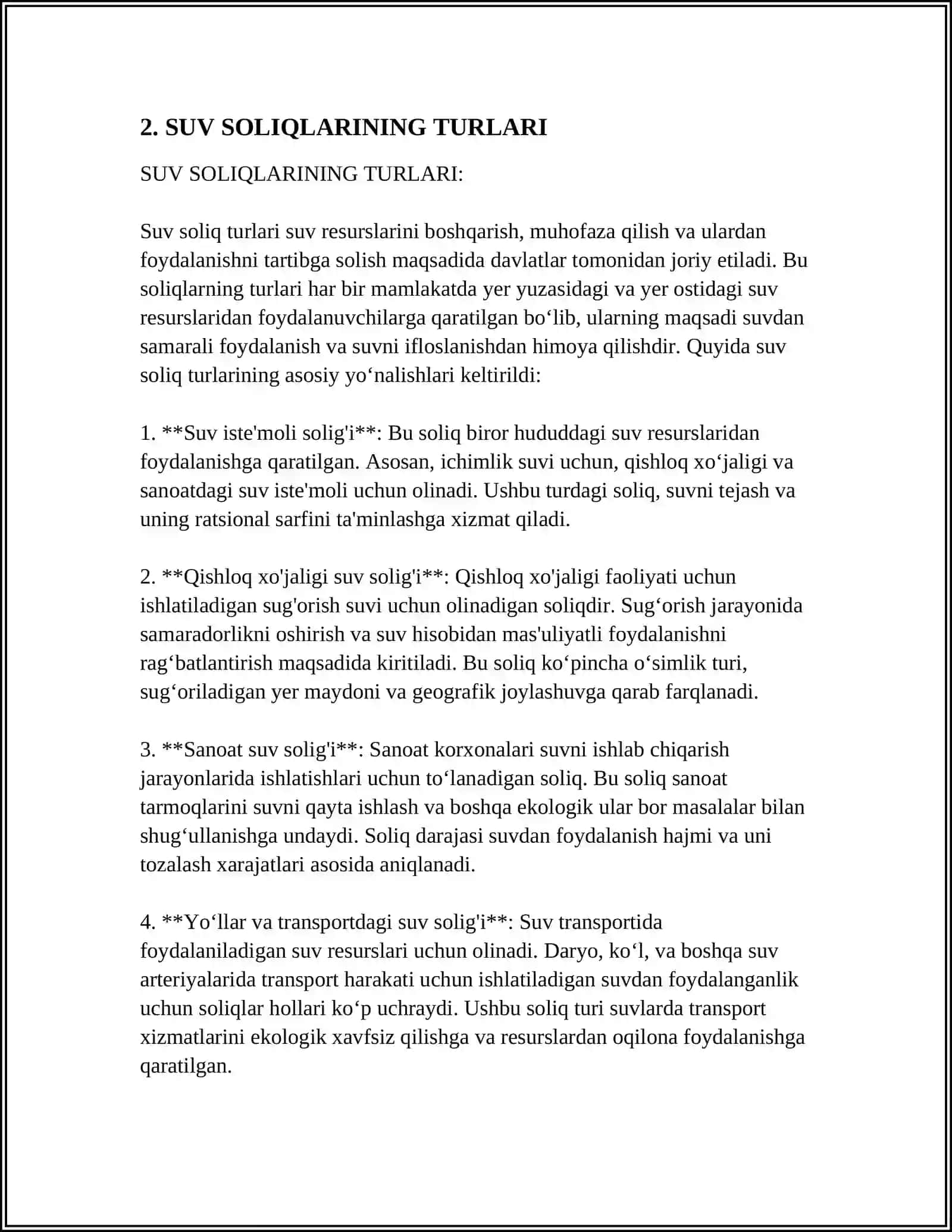 SUV RESRUSLARIDAN FOYDALANGANLIK UCHUN SOLIQ 4