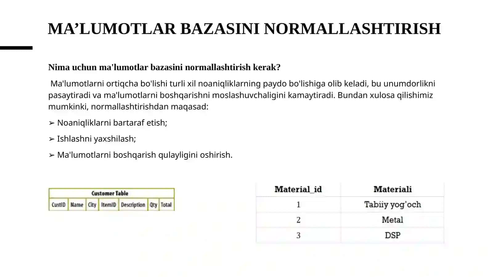 MA’LUMOTLAR BAZASINI NORMALLASHTIRISH:1NF, 2NF, 3NF VA KODD NORMAL FORMALARI 4