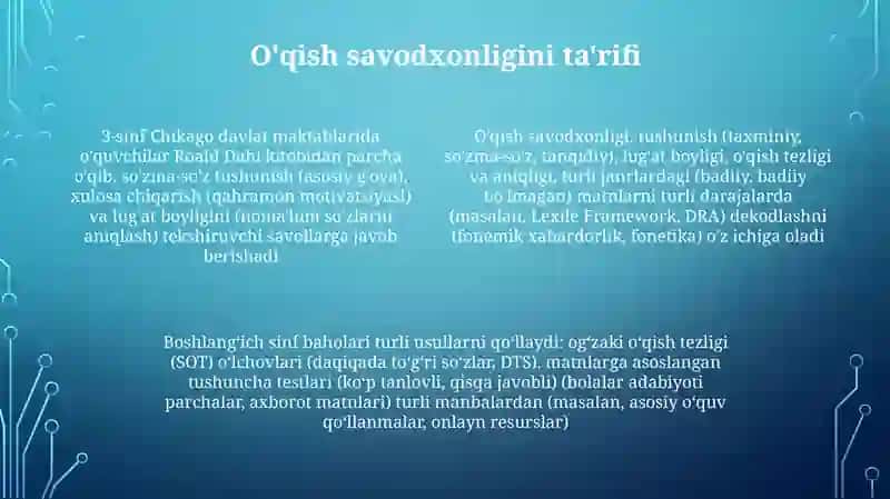 Boshlang'ich sinf o'quvchilarini o'qish savodxonligi baholash bo'yicha topshiriqlar 4
