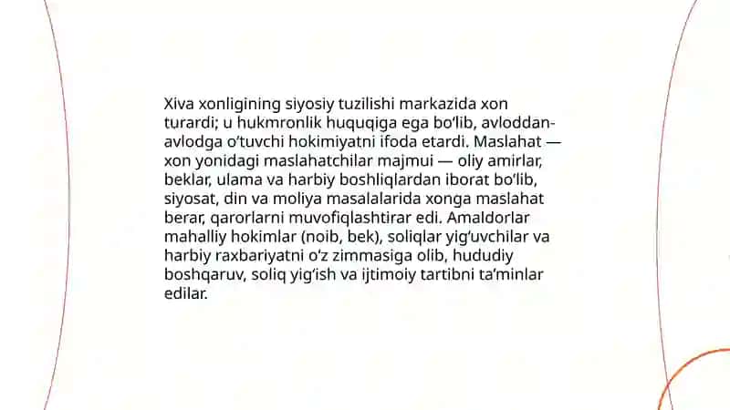 XIVA XONLIGINING TASHKIL TOPISHI VA SIYOSIY HAYOTI (XVI – XIX asrning birinchi yarmi) 4