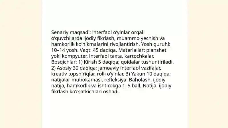 Darsdan tashqari mashgʻulotlarni oʻtkazish senariylari bilan tanishish 4