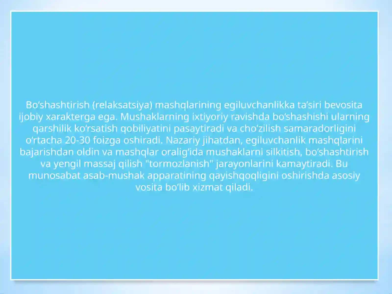 EGILUVCHANLIKNI RIVOJLANTIRISHDA QO'SHIMCHA TA'SIR QILADIGAN TURLI MASHQLARNING MUNOSABATI HAQIDA NAZARIY MA'LUMOTLARGA EGA BO'LISH 4