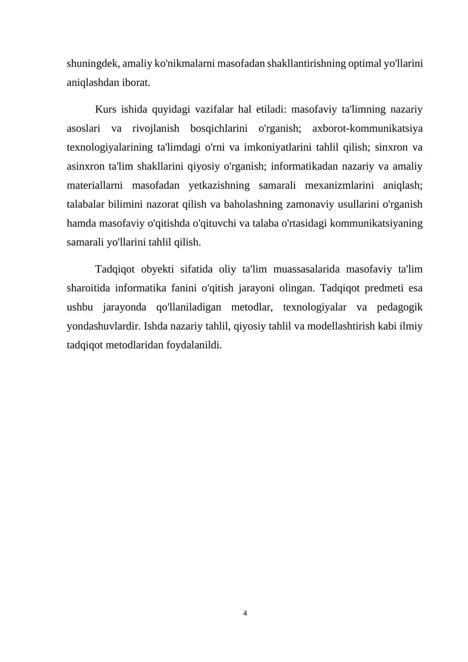 "Masofaviy ta’limda informatika fanini o‘qitish xususiyatlari" mavzusida kurs ishi 4
