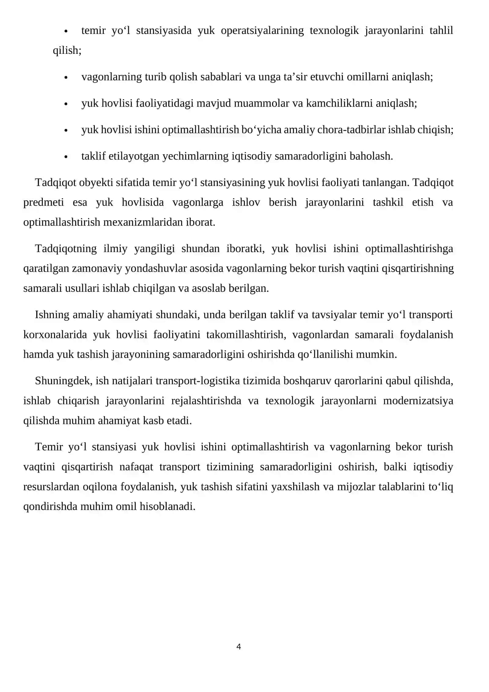 Temir yo‘l stansiyasi yuk hovlisida vagonlarni qayta ishlash jarayonini tezlashtirish hamda yuk operatsiyalari vaqtida ularning bekor turish muddatini qisqartirish 4