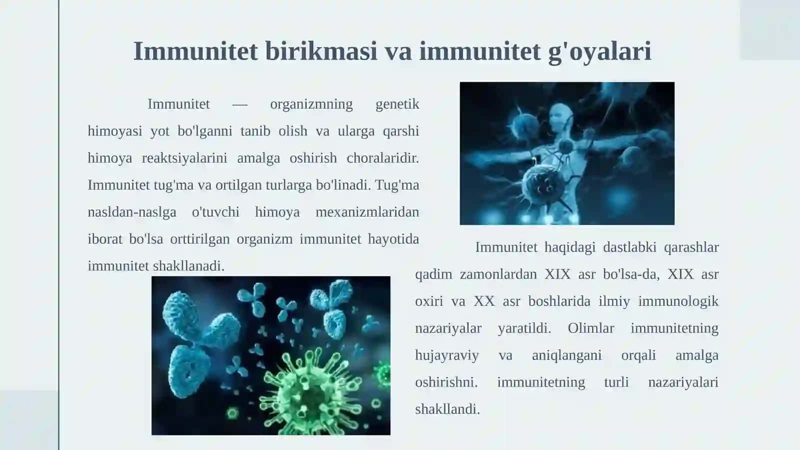 Immunitetg'oyalari:fagotsitar,gumoral,klonal-seleksionvabosh.Asosiygistomoslashuvkompleksiningbirinchisinfi- HLA-4, -Bva-Ctipmolekulalari,vazifasi 4