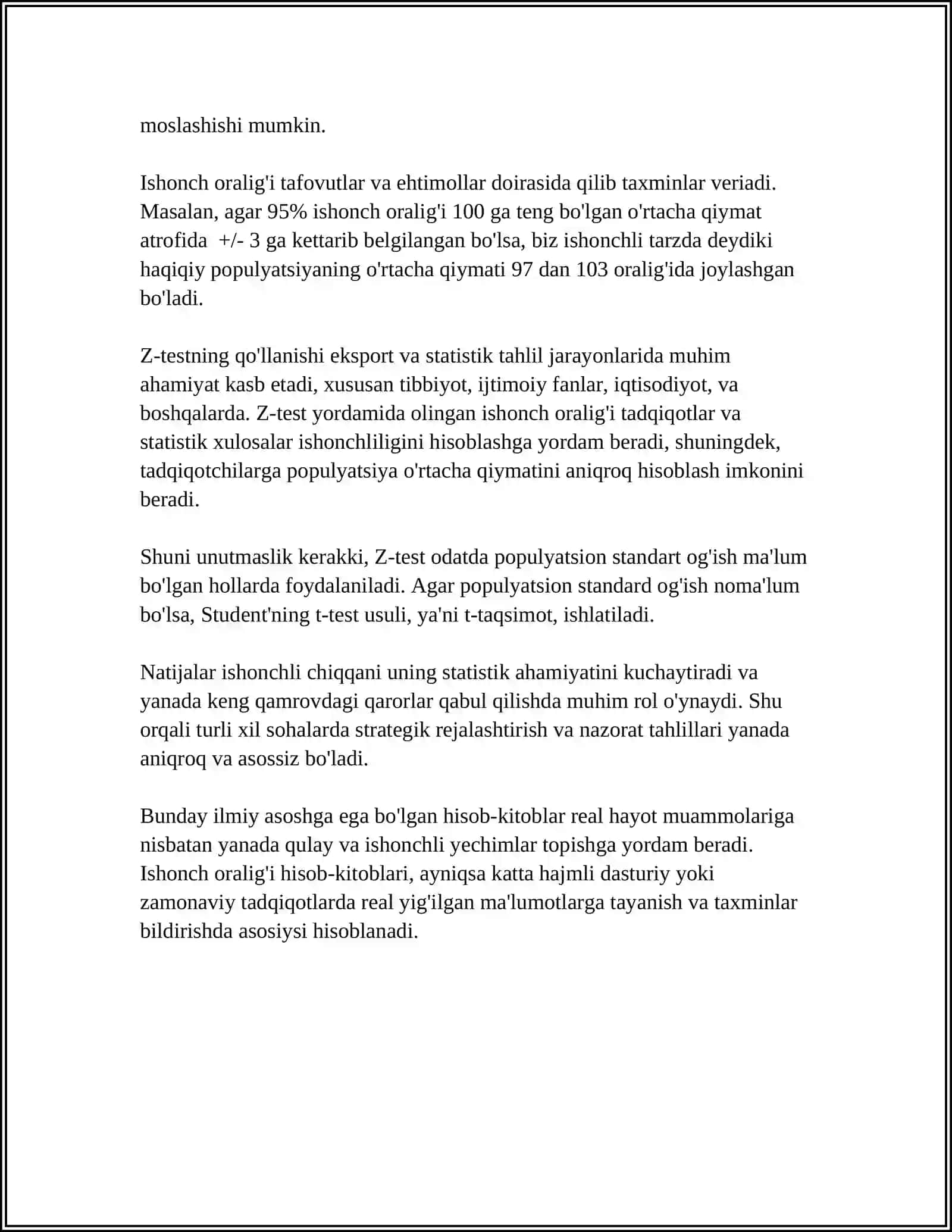STATISTIK TADQIQOTLAR NATIJASINI ISHONCHLIK DARAJASINI HISOBLASHNING PARAMETRIK USULLARI 4