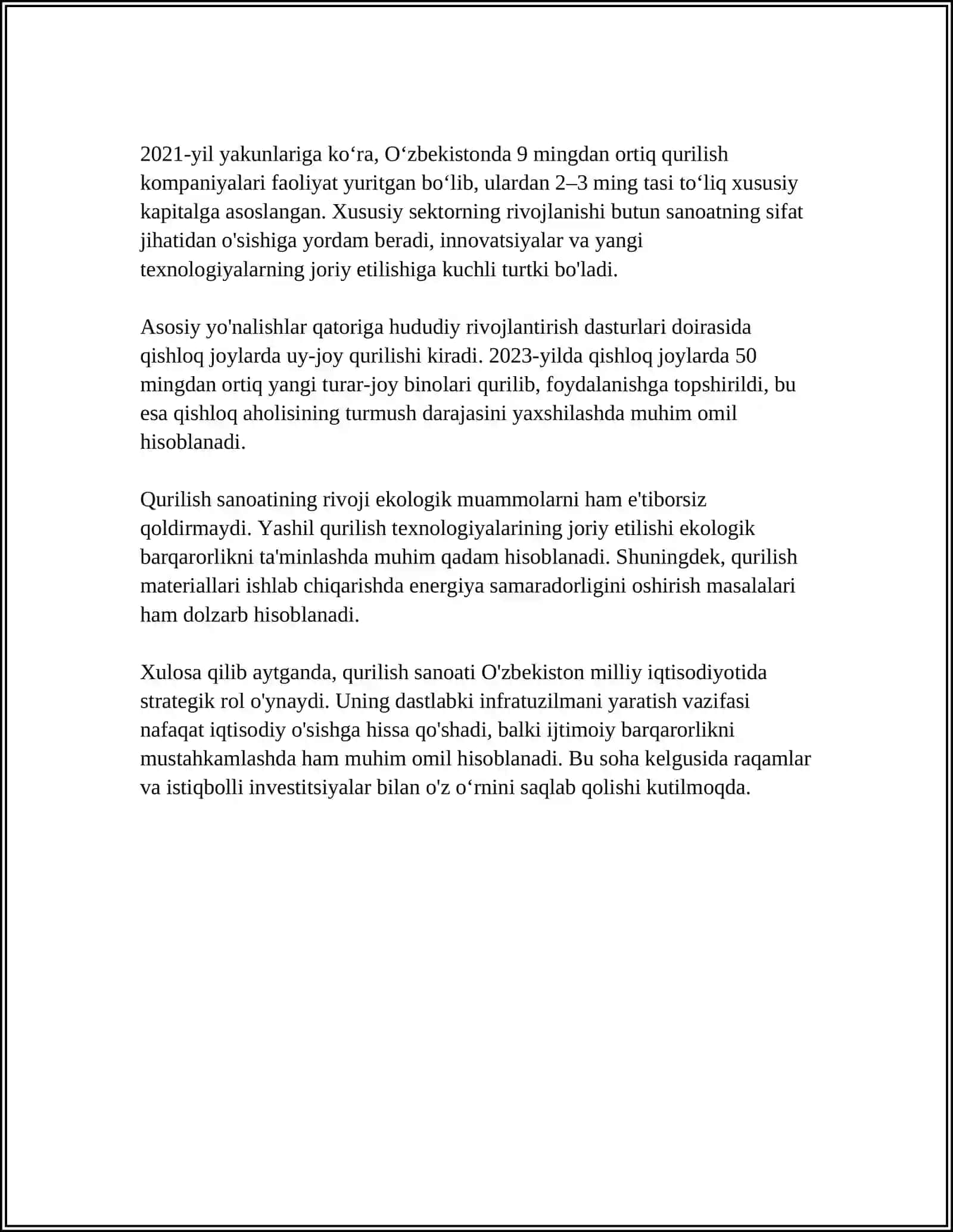 QURILISH MILLIY IQTISODIYOTINING MUHIM TARMOG‘I 4