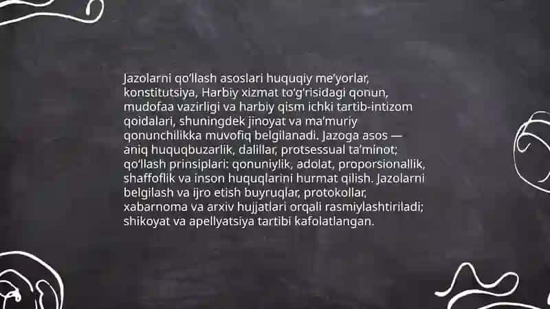 Harbiy xizmatchilarga nisbatan qoʻllaniladigan jazolarni ijro etish tartibiva shartlari 4
