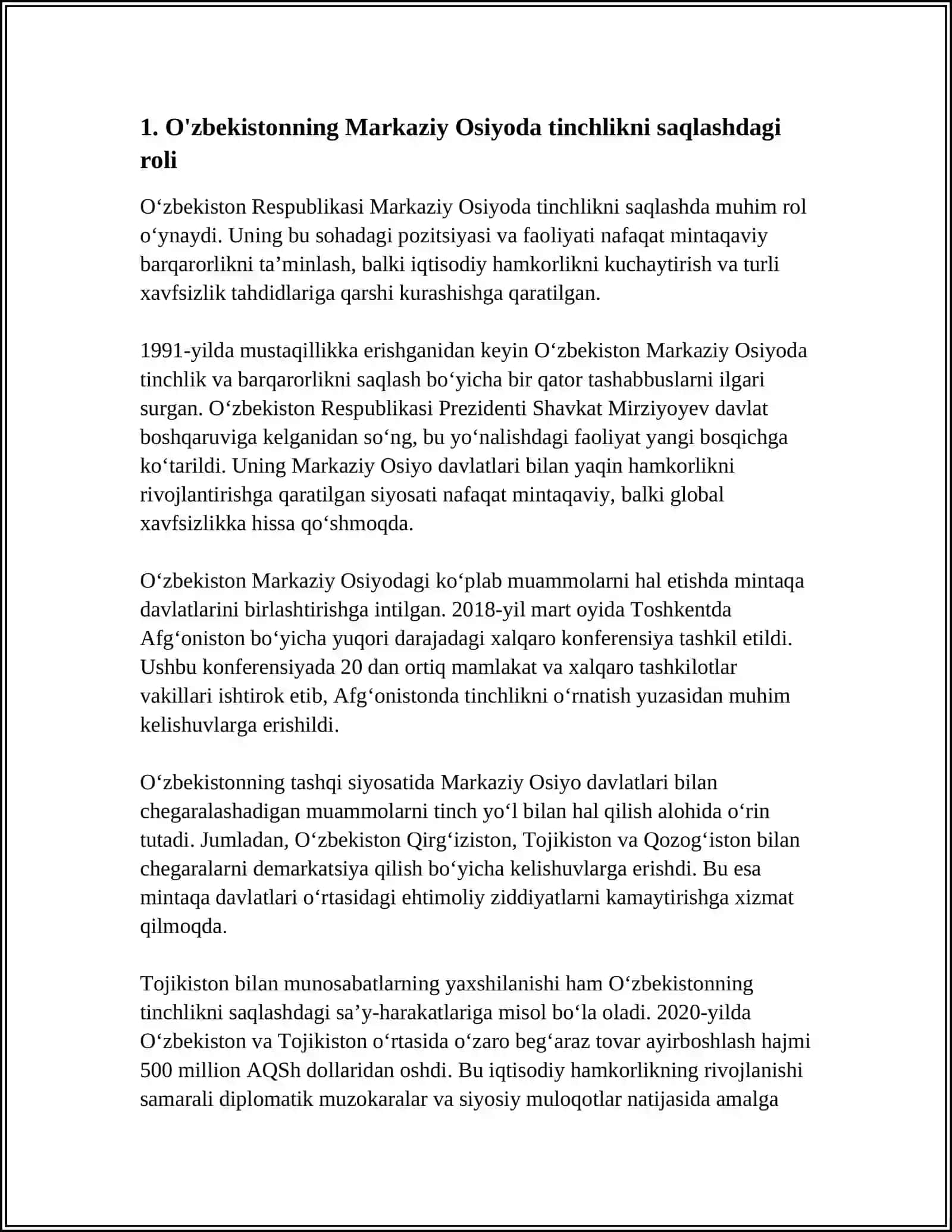 O'ZBEKISTONNING MARKAZIY OSIYODA TINCHLIK VA BARQARORLIKNI TA'MINLASHDAGI O'RNI 4