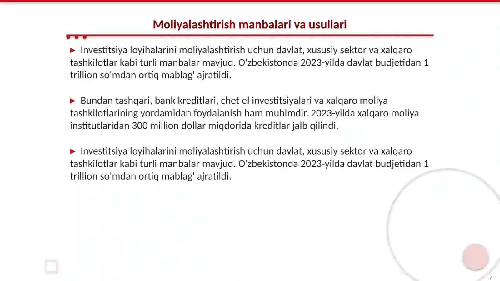 Investitsiyalarni loyihalarini amalga oshirish va moliyalashtirish jarayonlari monitoringi 4