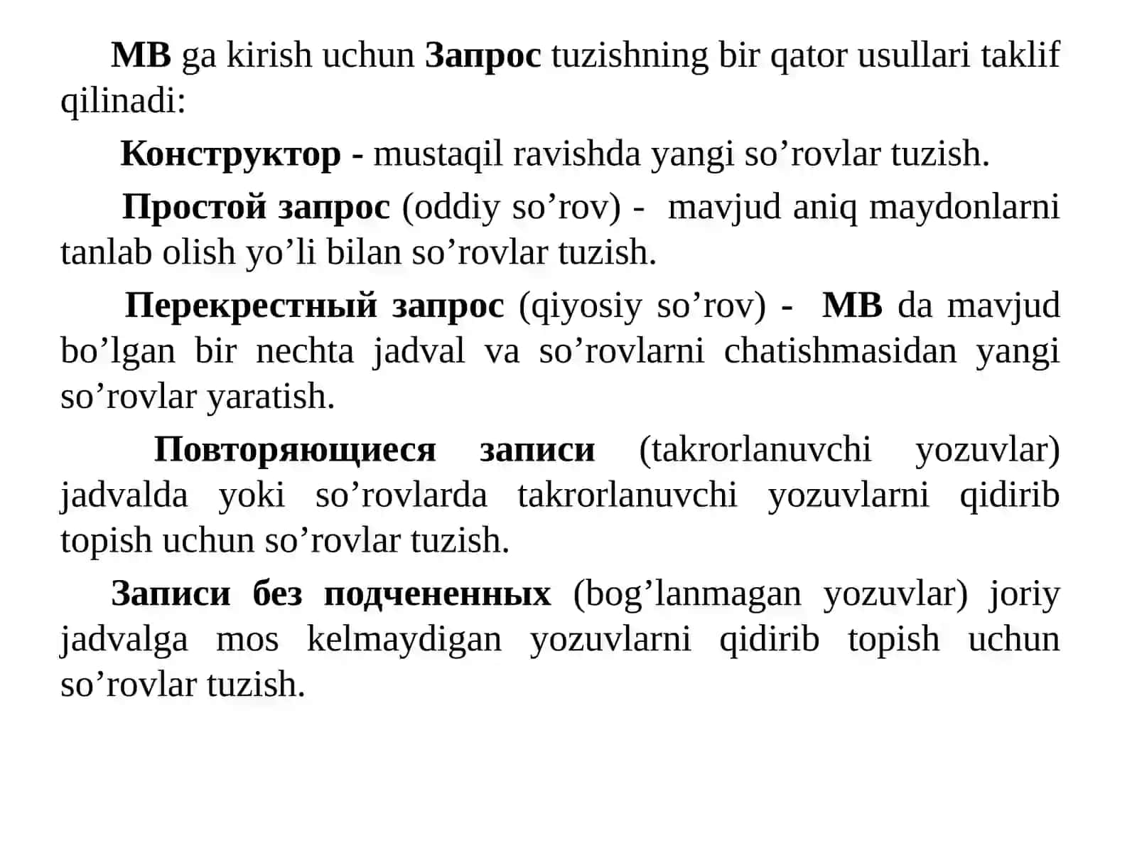 Microsoft Access dasturida formalaryaratish vajadvallarnio‘zarobog‘lash.So‘rovlar vahisobotlar 4