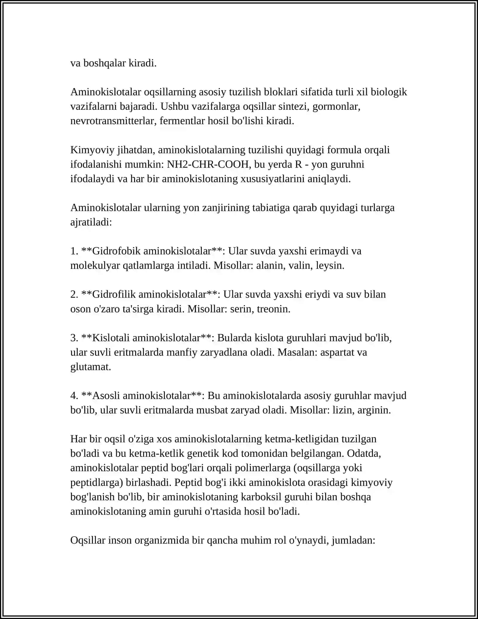 AMINOKISLOTALAR TUZILISHI XOSSALARI VA BIOLOGIK XOSSALARI 4