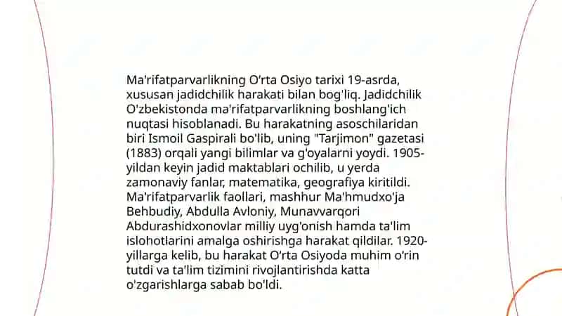 Jadid ma'rifatparvarlarning oʻlka ijtimoiy-ma'naviy hayotida tutgan oʻrni 4