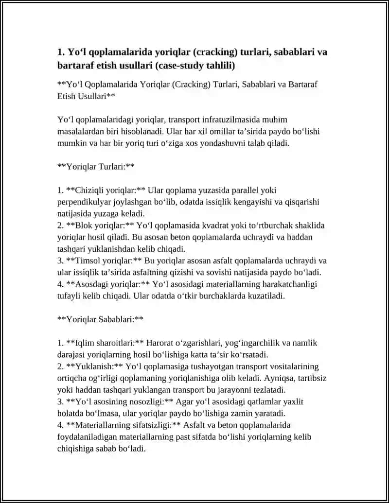 REFERAT Mavzu: YOʻL QOPLAMALARIDA SIFAT MUAMMOLARI VA ULARNI BARTARAF ETISH USULLARI (CASE - STUDY TAHLILI) 4