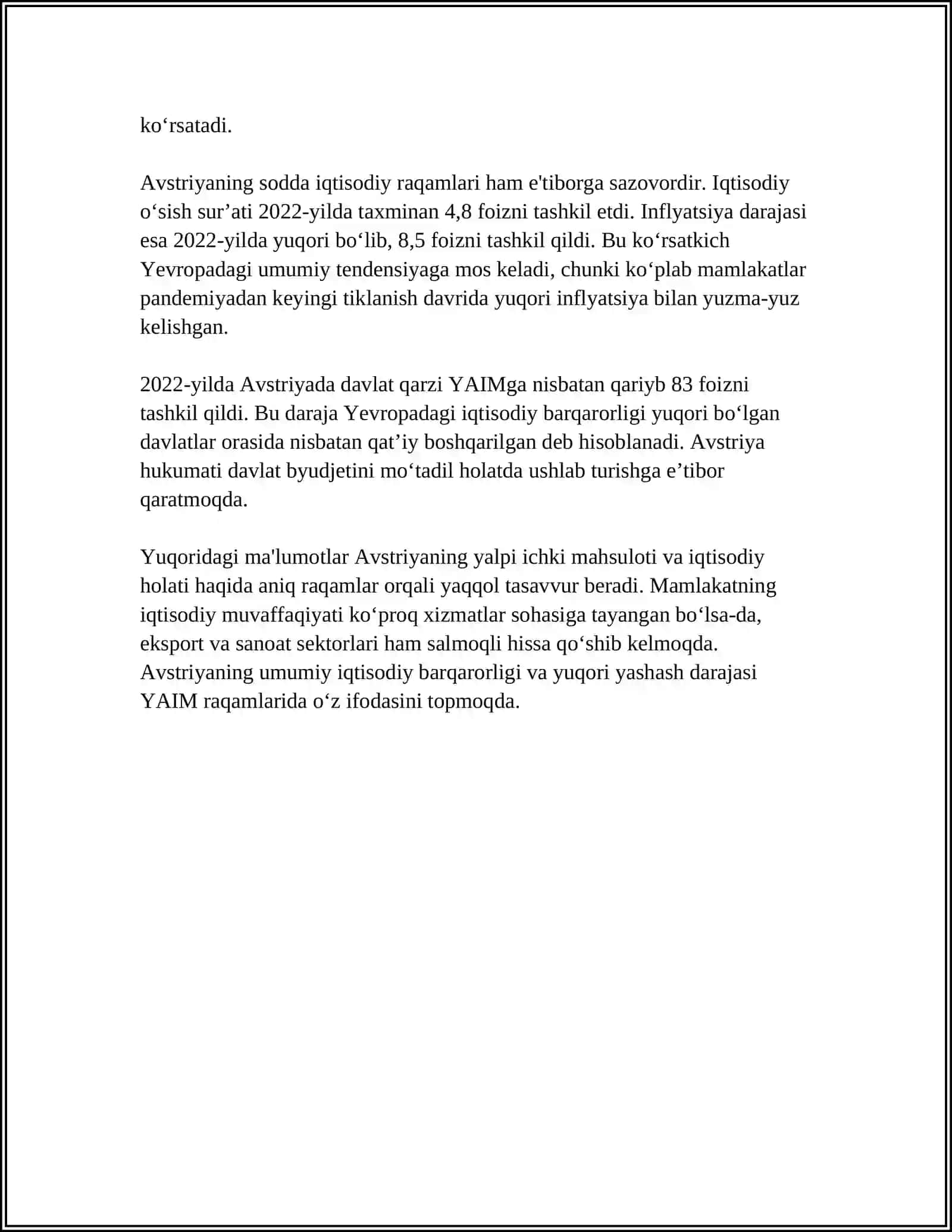 AVSTRIYA DAVLATI ASOSIY IQTISODIY KO‘RSATKICHLARI VA TA’LIM TIZIMI 4