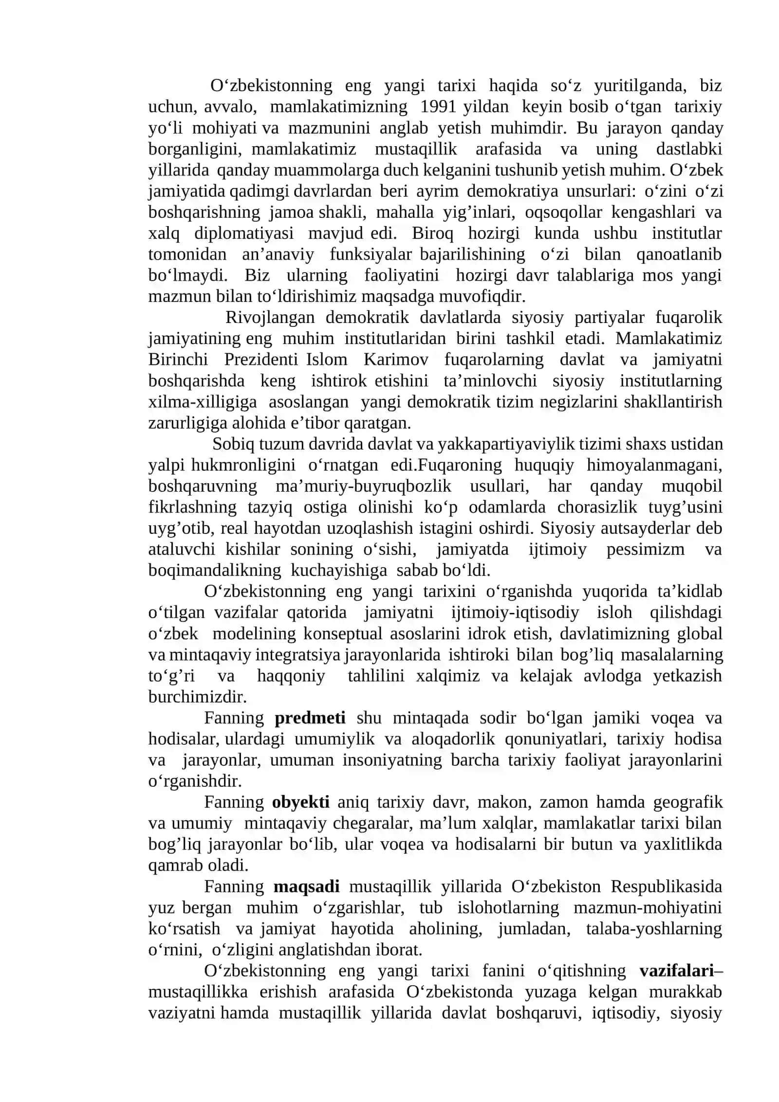 O‘zbekistonning Eng Yangi Tarixi Fanining Predmeti, Maqsadi va Vazifalari 4