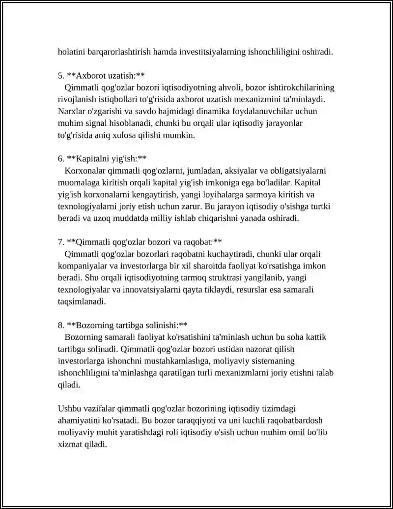 QIMMATLI QOGOZLAR BOZORINING VAZIFALARI 4