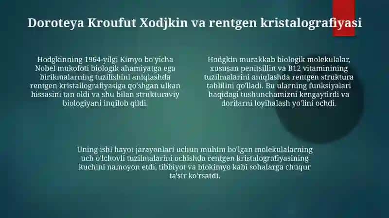 Kimyo sohasidagi Nobel mukofoti sovrindorlariva yutuqlari 4