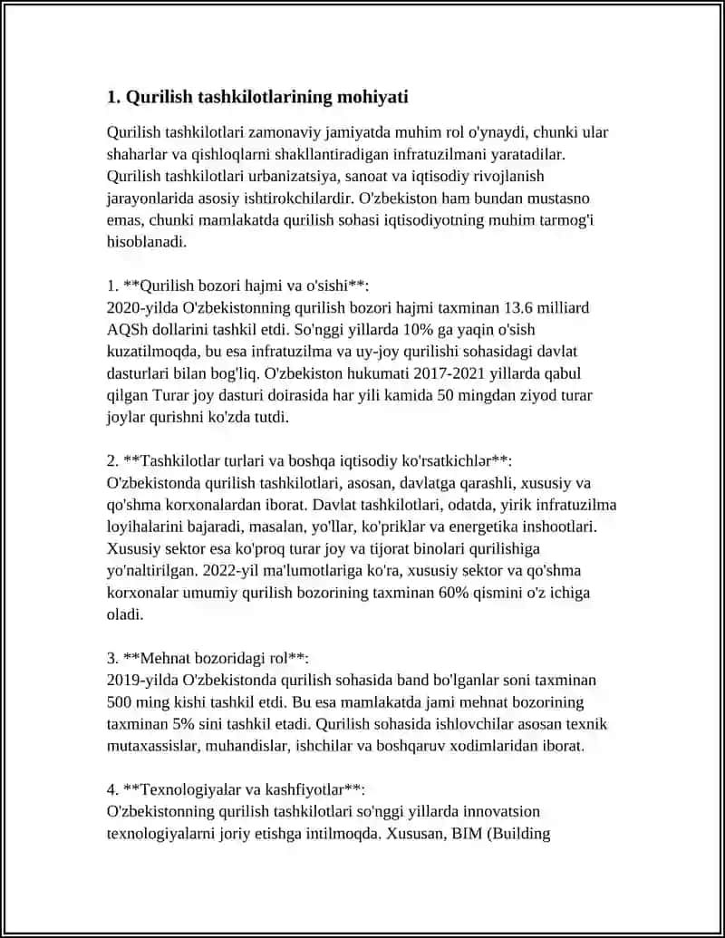 QURILISH TASHKILOTLARINING MOHIYATI VA ULARNING TASNIFI. QURILISH TASHKILOTLARINI BOSHQARISH SHAKLLARI 4