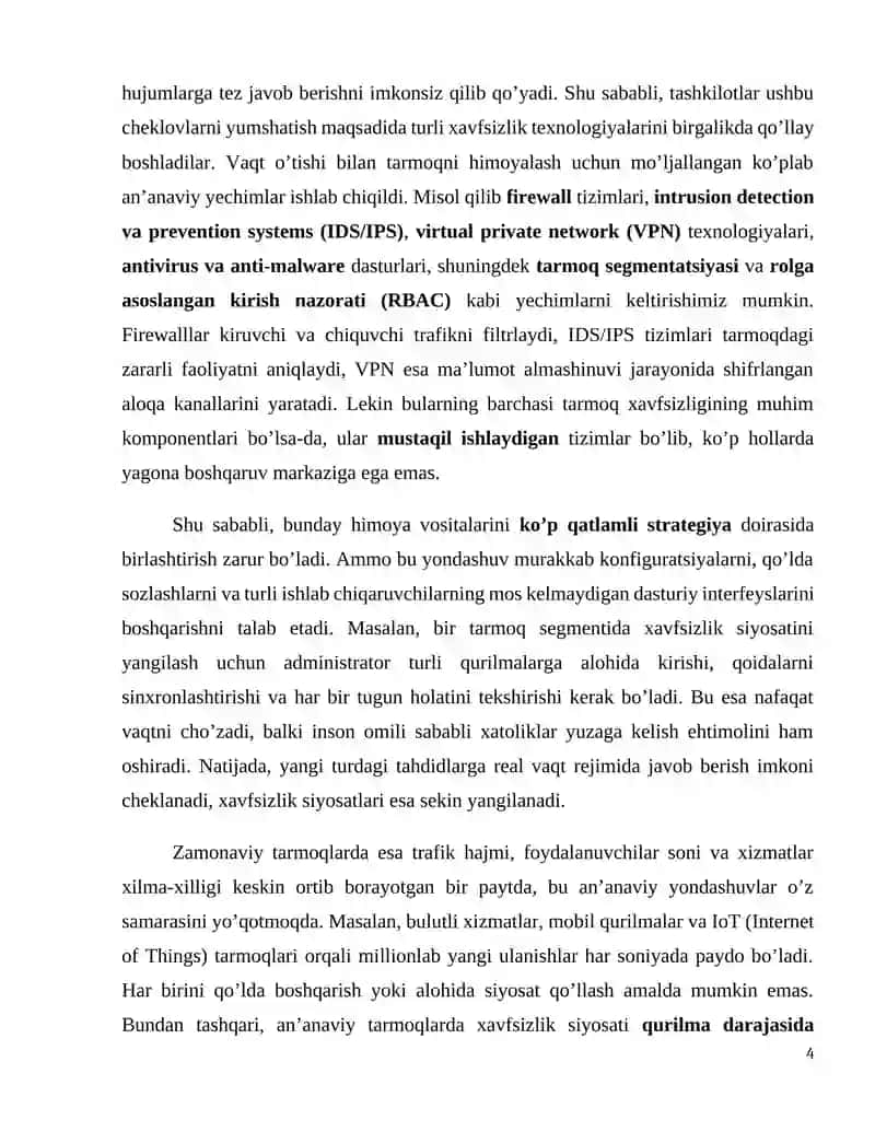 Kompyuter tarmoqlarida xavfsizlik muammolari va yechimlari. SDN (Dasturiy boshqariladigan tarmoqlar) arxitekturasi va qo’llanilishi 4