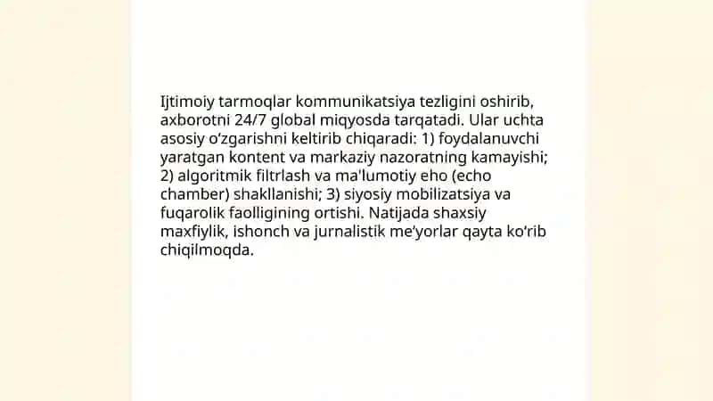 Media texnologiyalarning bugungi kunda jamiyat oʻrnidagi oʻrni 4