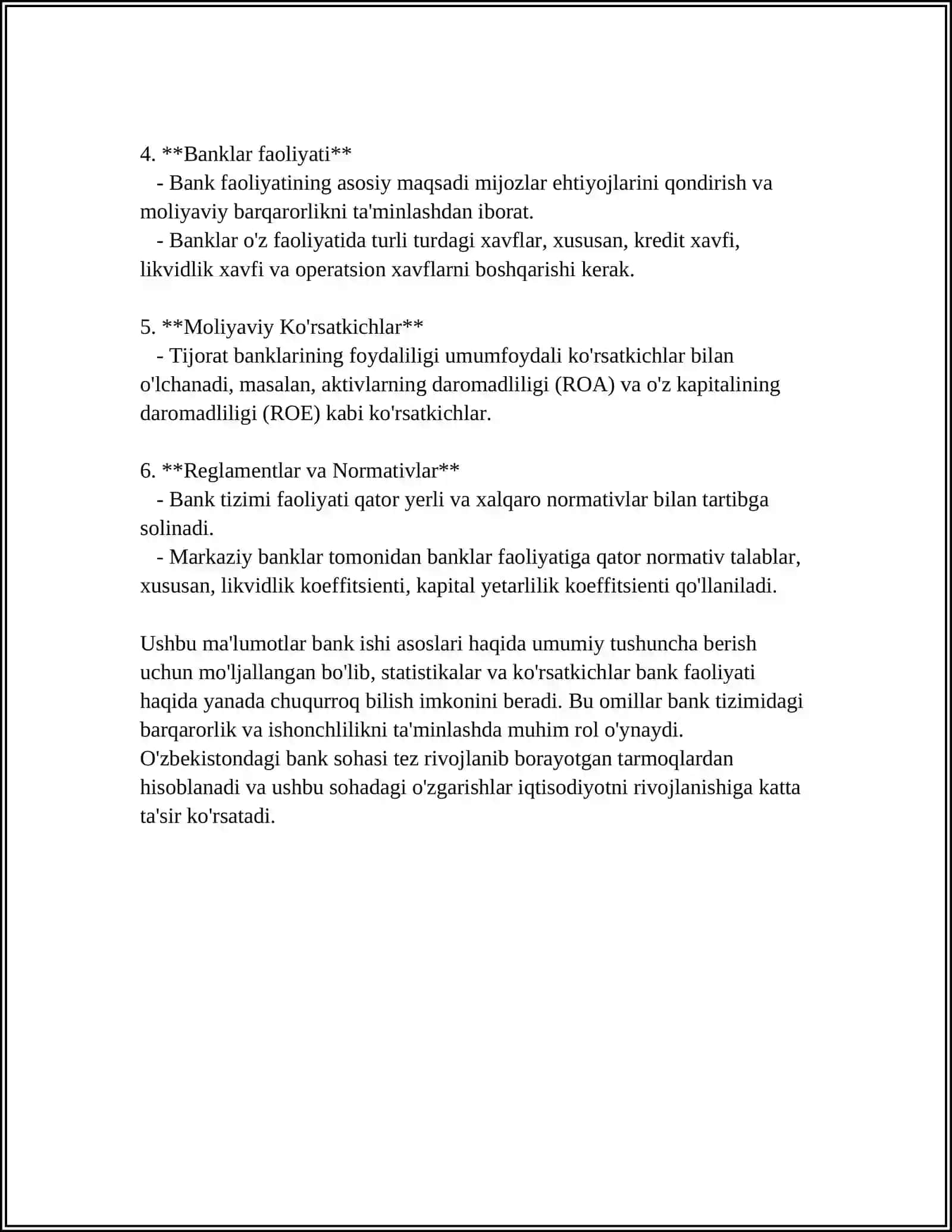 REFERAT Mavzu: TOSHKENT DAVLAT BANK MOLIYA AKADIMIYASI 4