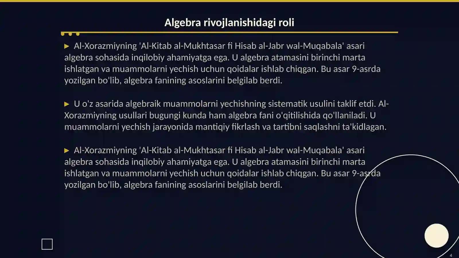 Abu Abdulloh Muhammad ibn Muso al-Xorazmiyni matematikaga qo'shgan hissalari 4