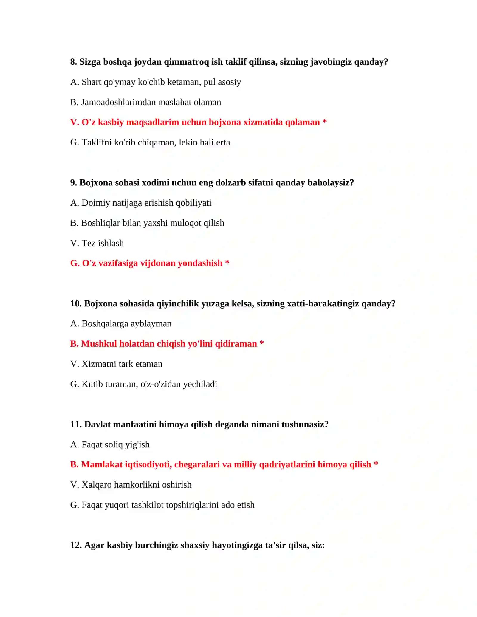 Bojxona xizmatiga nomzodlar uchun testlar 4