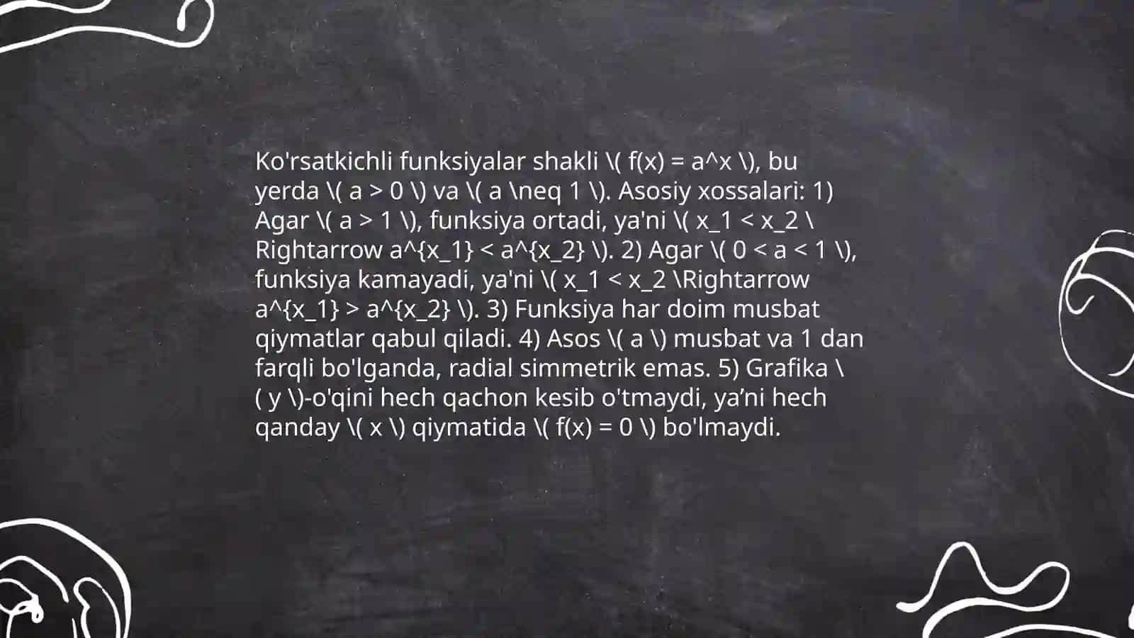 Korsatkichli funsiya xossalari va grafigi. Ko'rsatkichli ifodalarni soddalashtirish 4