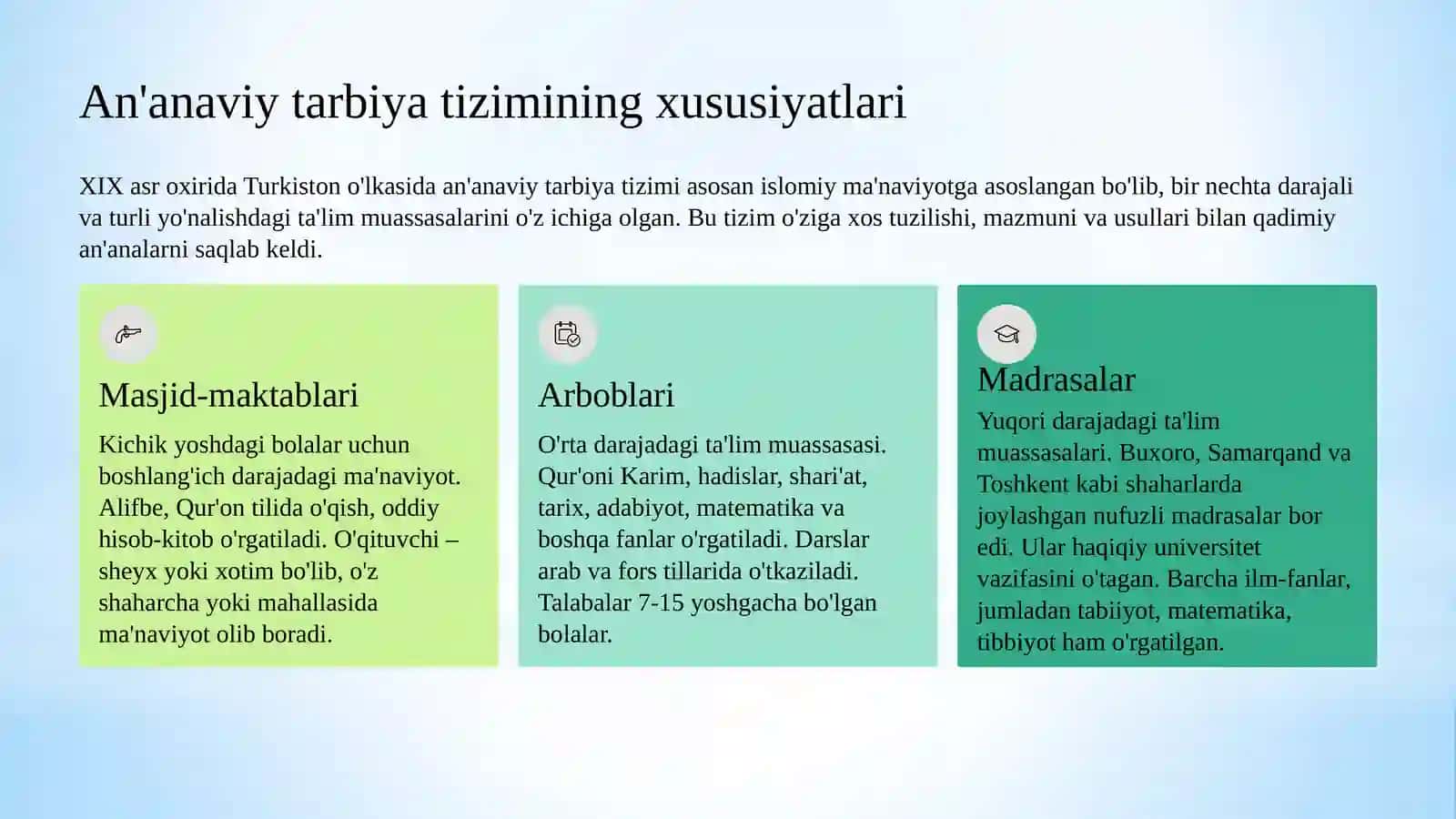 XIX asrning 2-yarmi – XX asr boshida Turkiston o‘lkasida tarbiya, maktab va pedagogik fikrlar 4