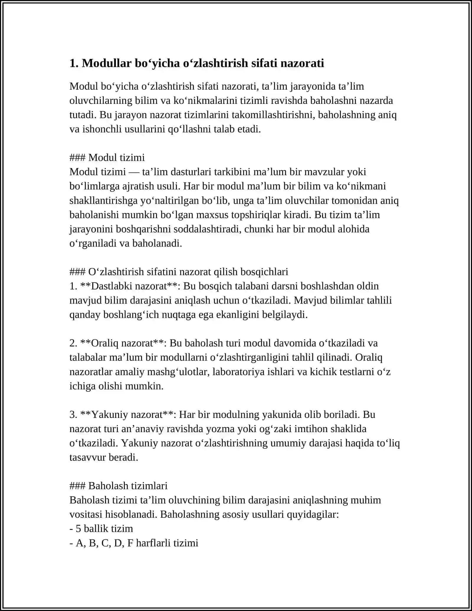 MODUL BOʻYICHA OʻZLASHTIRISH SIFATINI BAHOLASH VA OʻQUV JARAYONINI REJALASHTIRISH,MONITORING OLIB BORISH VA TAʼLIM SIFATINI TAʼMINLASH, TALABALAR BILIMINI BAHOLASH VA NAZORAT QILISH 4