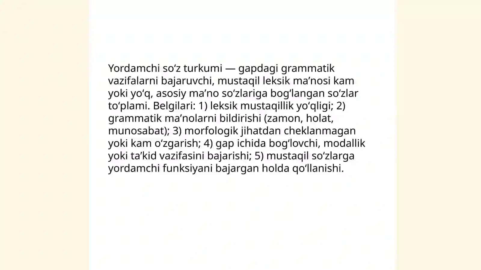 Hozirgi ona tilida soʻzlarning mustaqil yordamchi va alohida guruh soʻz turkimlariga ajratilishi 4