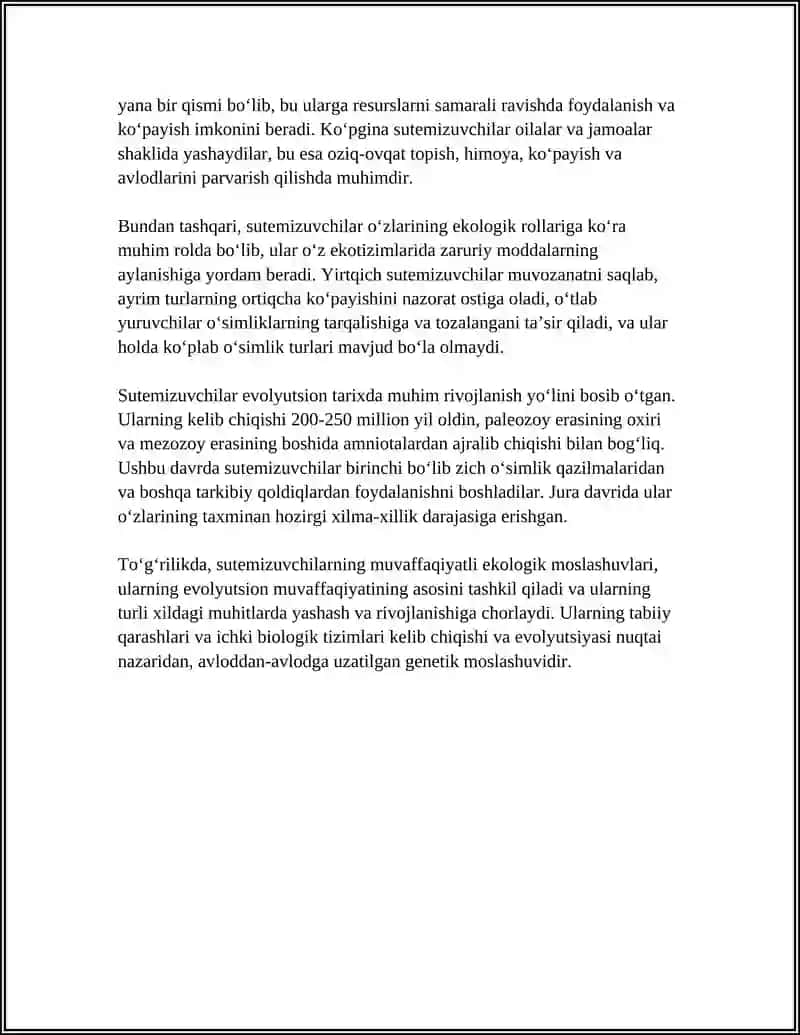 SUTEMIZUVCHILARNING EKOLOGIYASI,KELIB CHIQISHI VA EVOLUTSIYASI 4