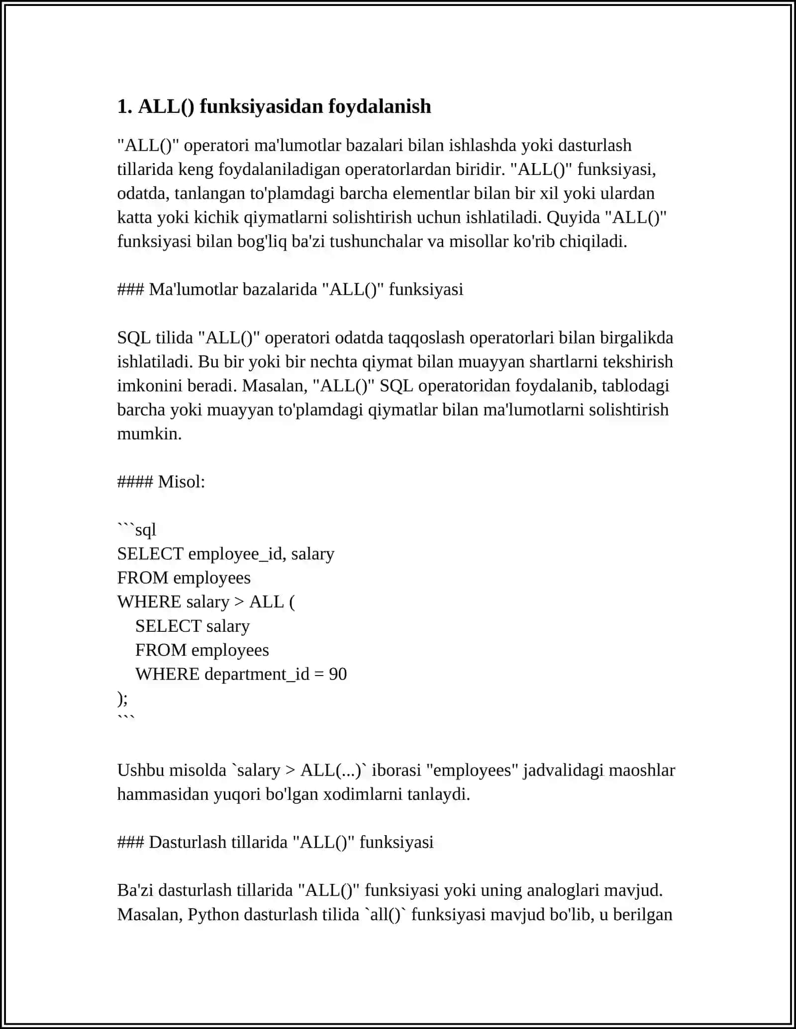 ALL() funksiyasidan foydalanish 4