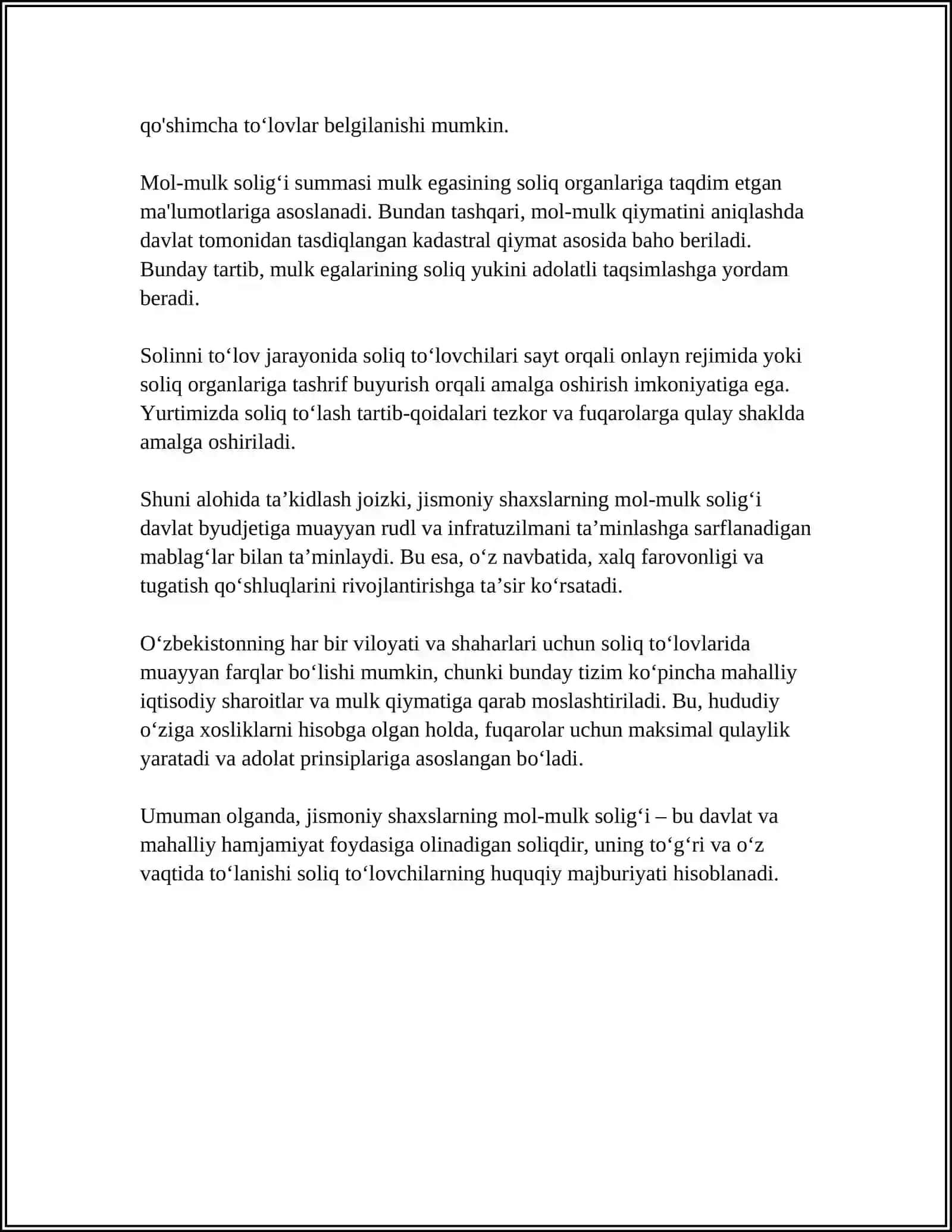Jismoniy shaxslarning mol-mulkiga solinadigan soliq va uning o'zigaxususiyatlar 4