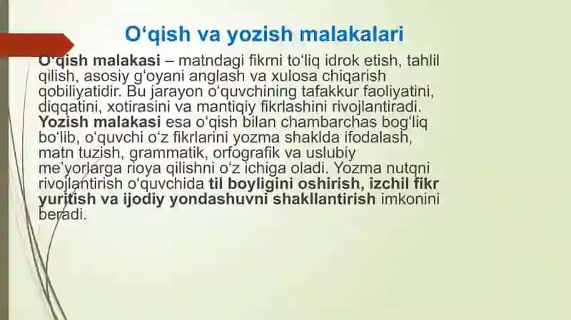 “Nutq, muloqot, o‘qish va yozish malakalari” soha kompetensiyalari taqdimot 4