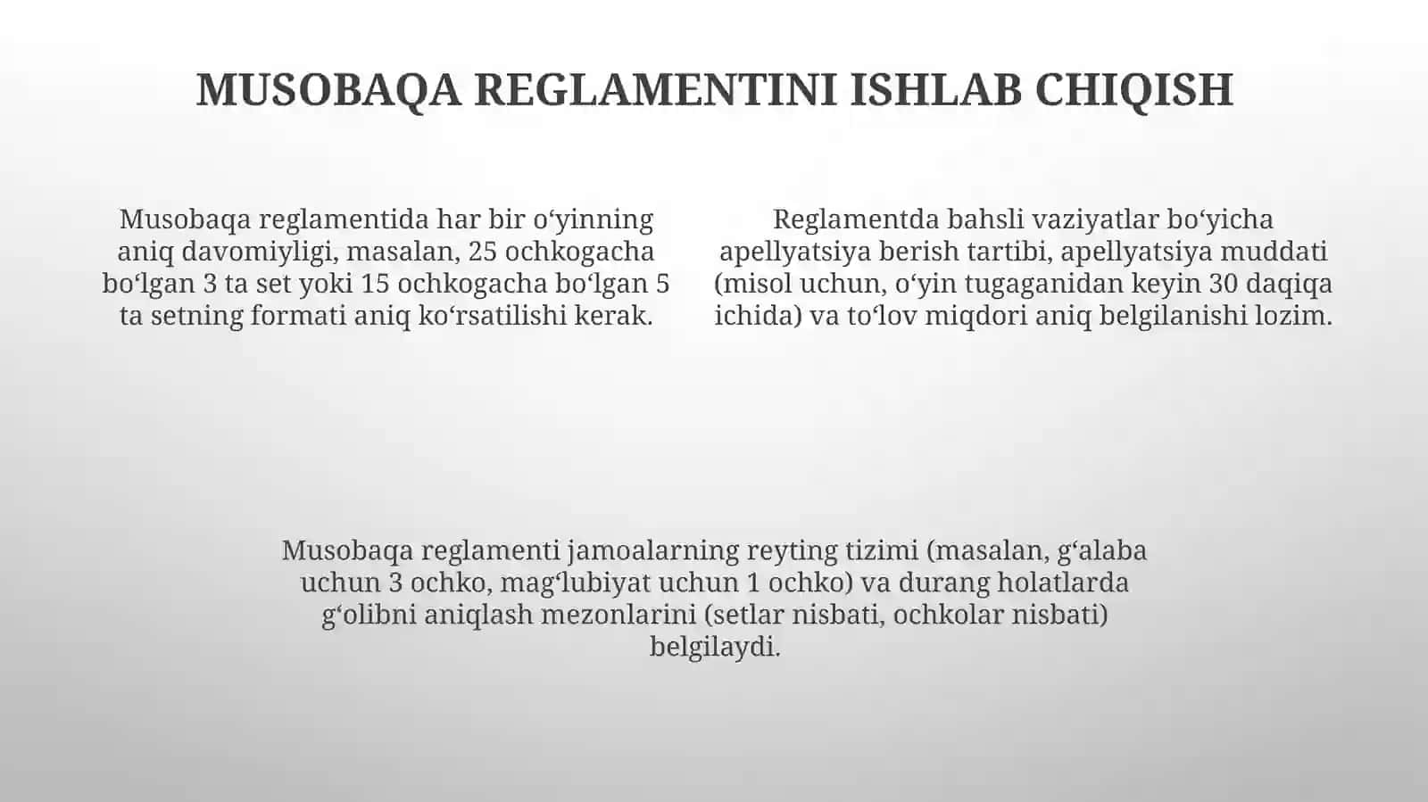 Voleybol boʻyicha musobaqalar tashkil qilish va oʻtkazish 4