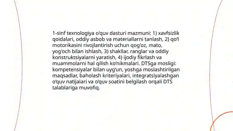 Boshlangʻich sinf texnologiya fani DTS tahlili va oʻquv fan dasturlarining mazmun va ularning tahlili( 1-4-sinflar kesimida) 4