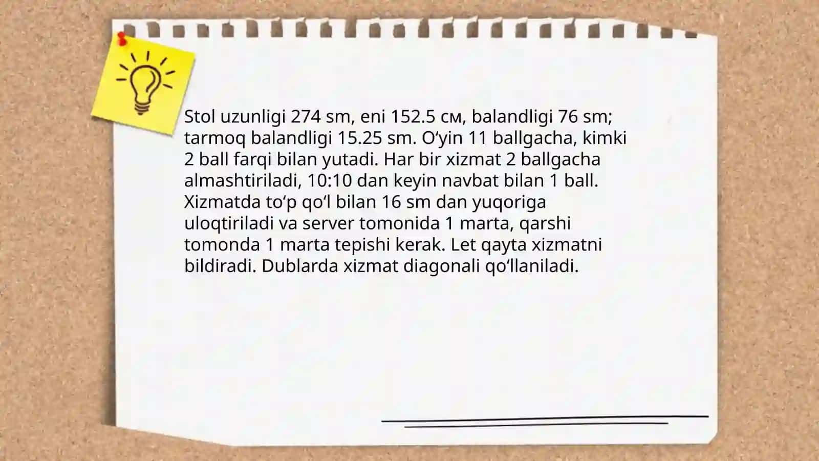 Stol tennisi oʼyini qoidalari boʼyicha taqdimot tayyorlash hamda toʼpchalar bilan maxsus mashqlar bajarish 4