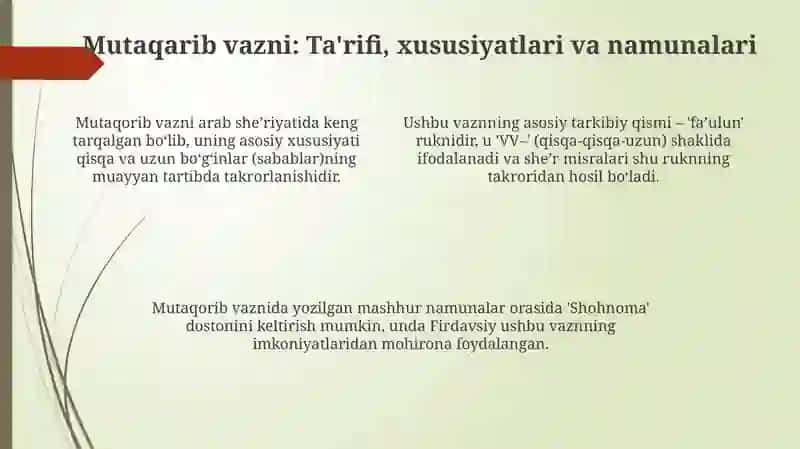 Mutadorik va Mutaqorib bahr vaznlari 4