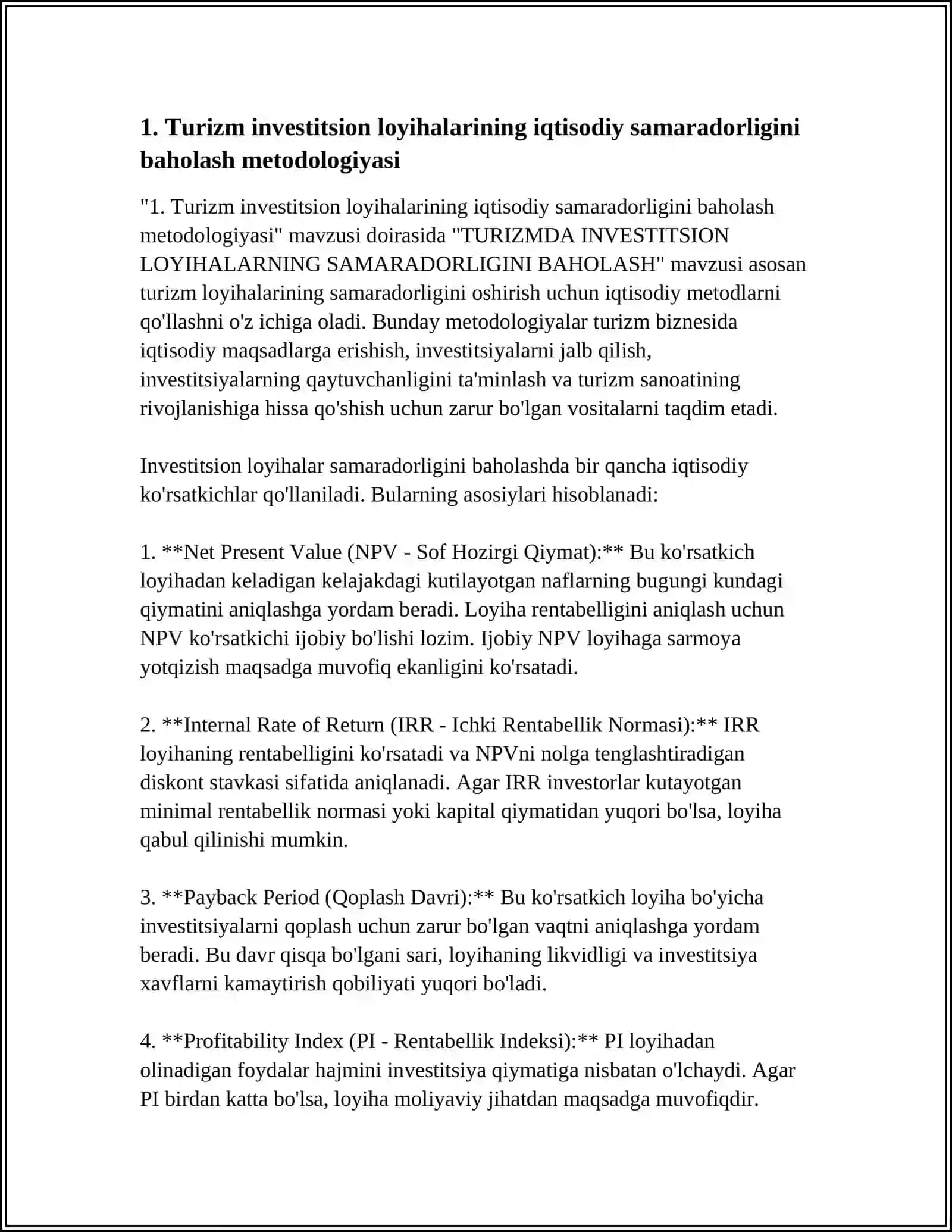 TURIZMDA INVESTITSION LOYIHALARNING SAMARADORLIGINI BAHOLASH 4