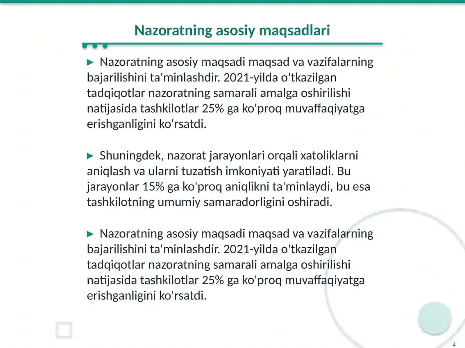 Nazoratning maqsadi, vazifalari va unga qoʻyilgan talablar 4