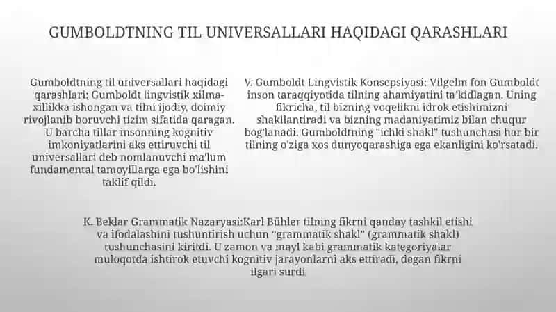 V. Gumboldt Lingvistik Konsepsiyasi, K. Beklar Grammatik Nazaryasi 4