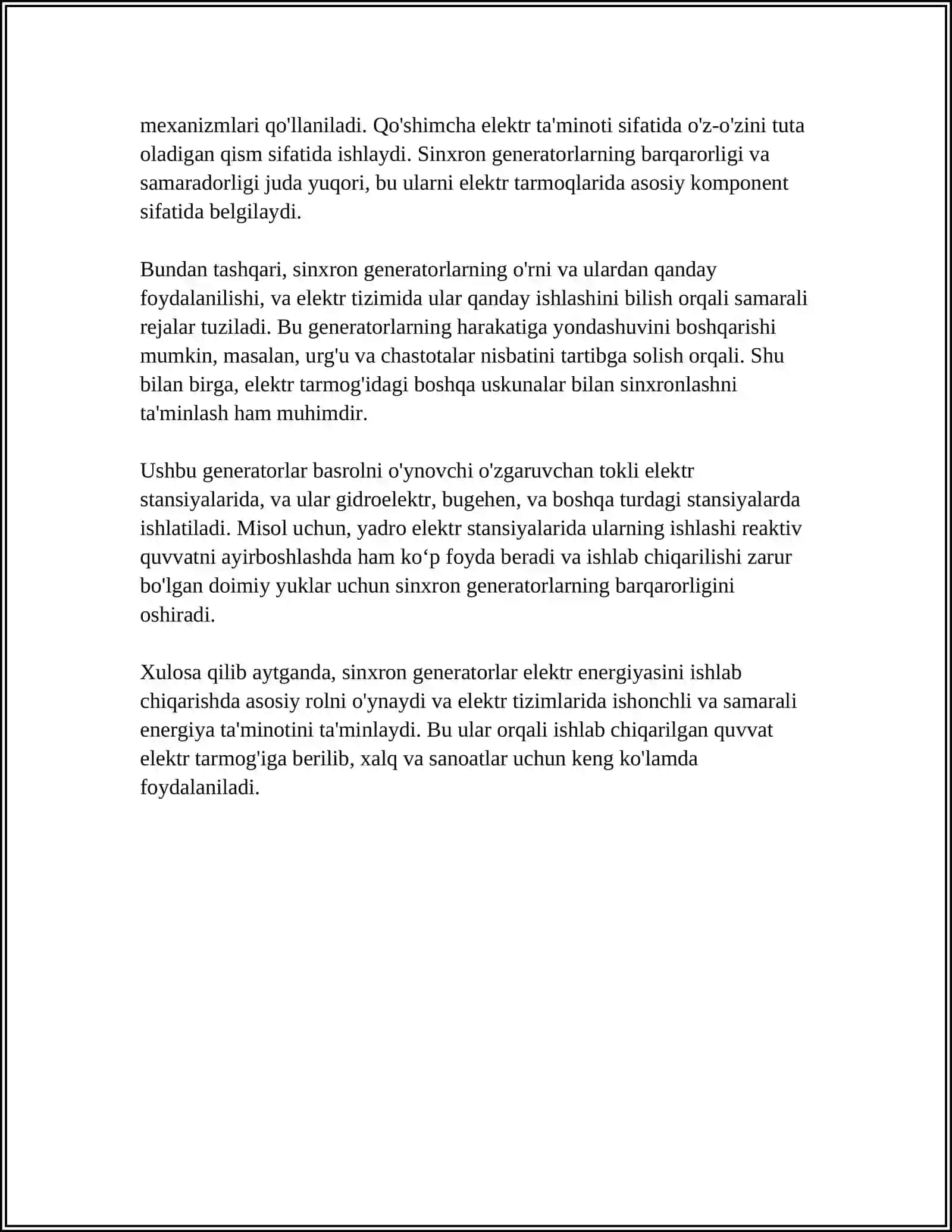 SINXRON GENERATORLARNI ÓZARO VA ISTE'MOLCHILARNING ELEKTR TARMOQLARI BILAN PARALLEL ISHLASHI 4