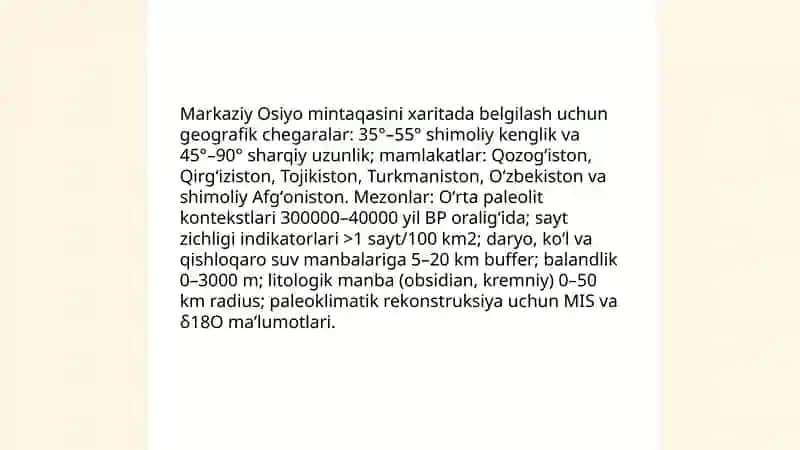 Oʻrta Osiyodagi oʻrta paleolit davri ibtidoiy manzilgohlari xaritasini tuzish 4