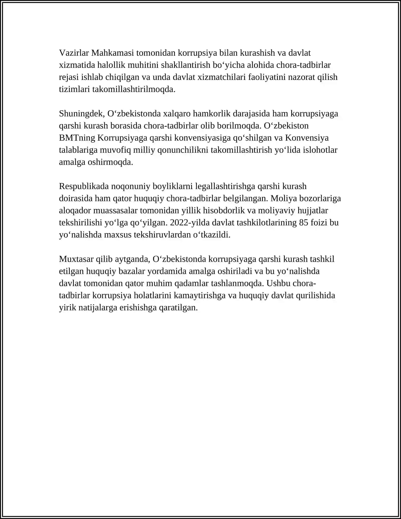 OʻZBEKISTONDA KORRUPSIYAGA QARSHI KURASHGA DOIR HUQUQIY ASOSLARNING YARATILISHI VA TAKOMILLASHTIRILISHI 4