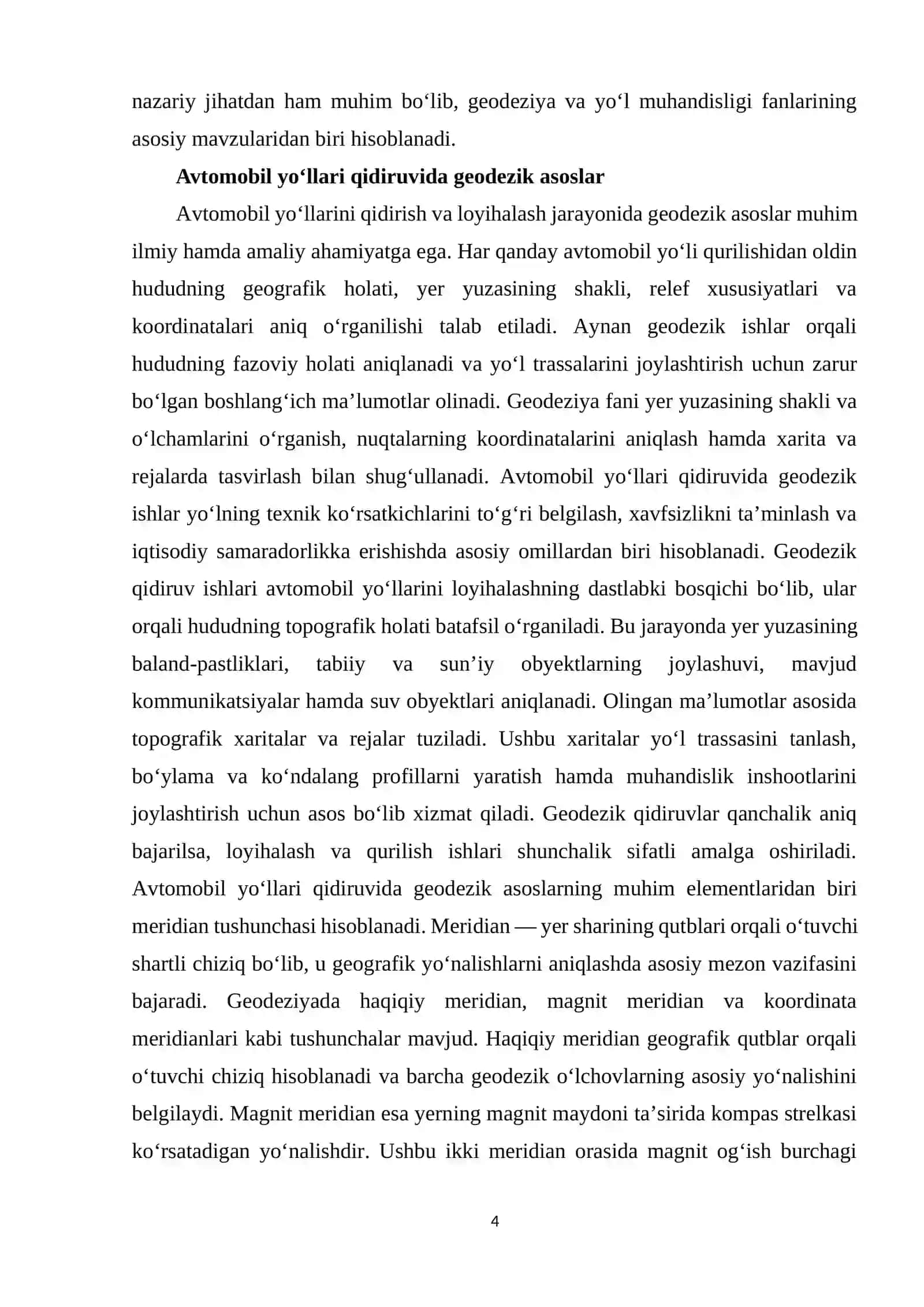 Avtomobil yo‘llarini qidiruvida meridianlar yaqinlashish burchagi. Haqiqiy azimut bilan burchaklar o‘rtasidagi munosabat 4