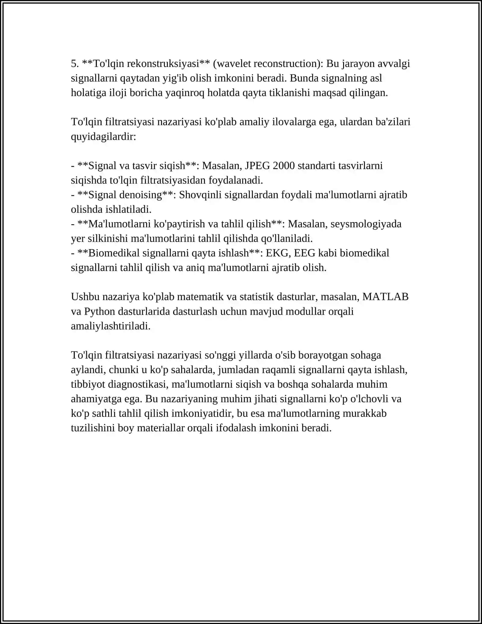 SIGNALLAR FILTRATSIYASI VA TAHLILIDA FUNKSIONAL QATORLAR TATBIQLARI 4