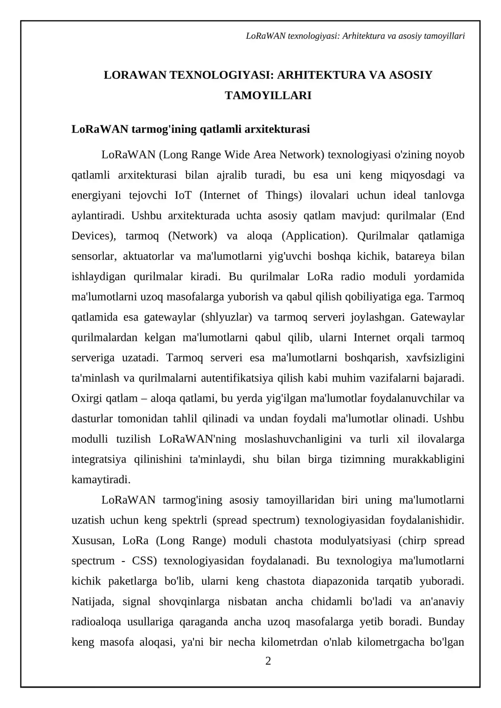 LPWAN texnologiyasi LoRaWAN arxitekturasi, aloqa masofasi, “aqlli” shaharlar va IoT ilovalaridagi qo‘llanilishi 4